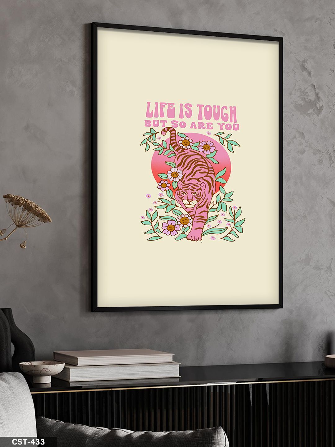 Pembe Kaplan Tek Parça Ahşap Çerçeveli Tablo Siyah - 50 x 70 CM