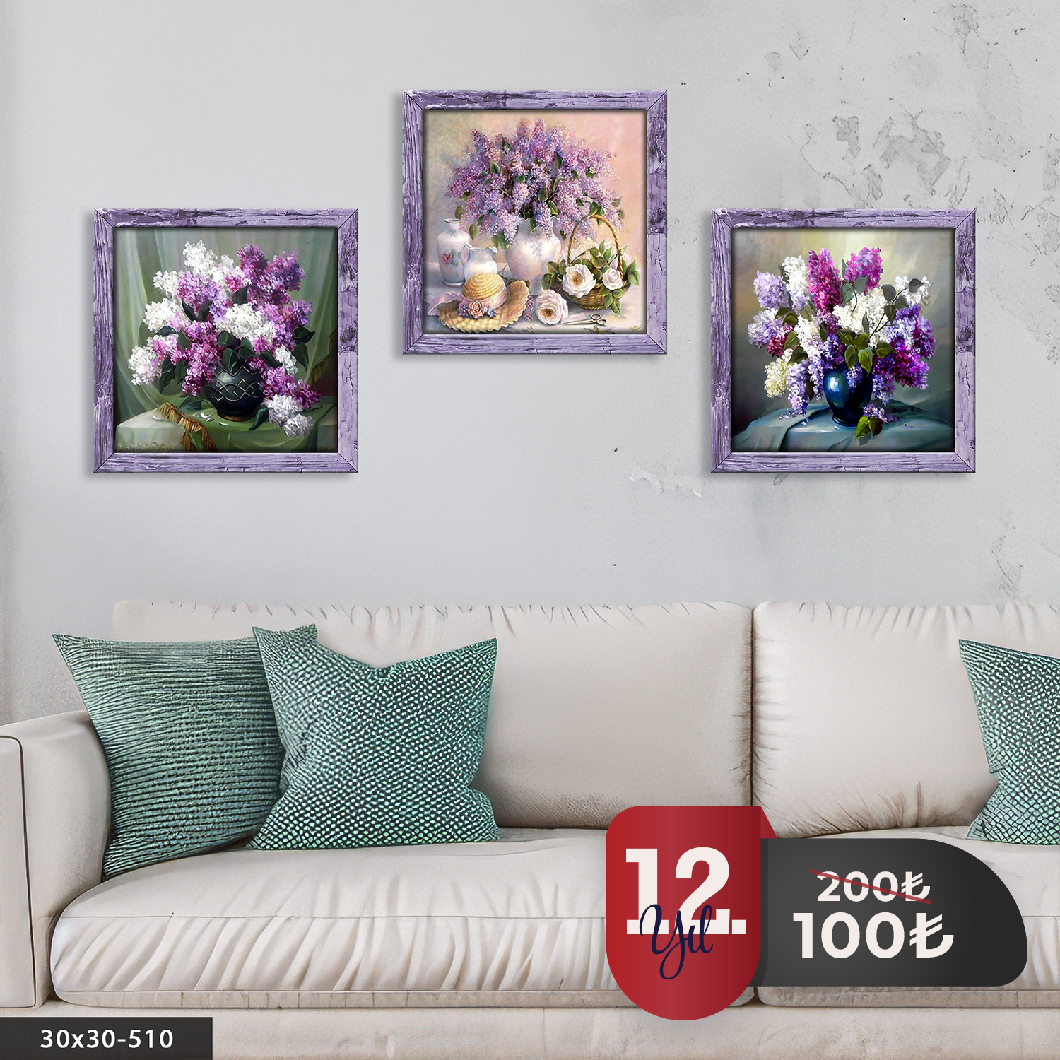 Mor Çiçekler 3 Parça Mdf Tablo 20 x 20 CM