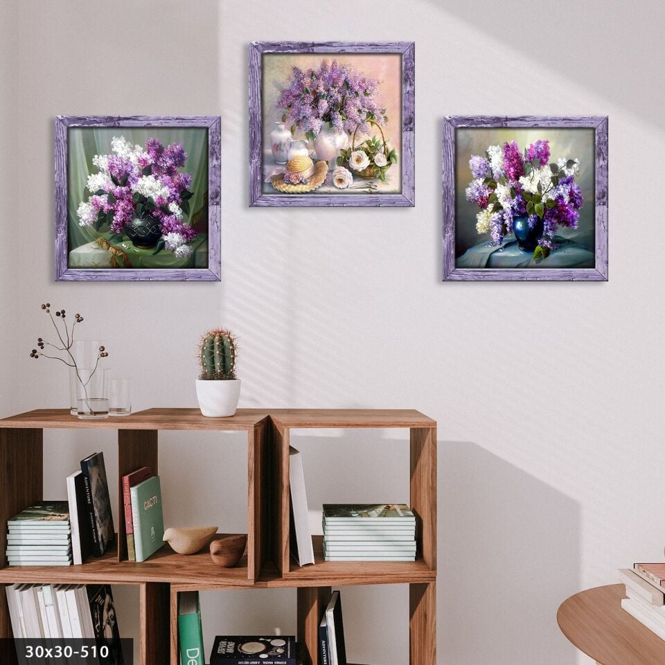 Mor Çiçekler 3 Parça Mdf Tablo 20 x 20 CM
