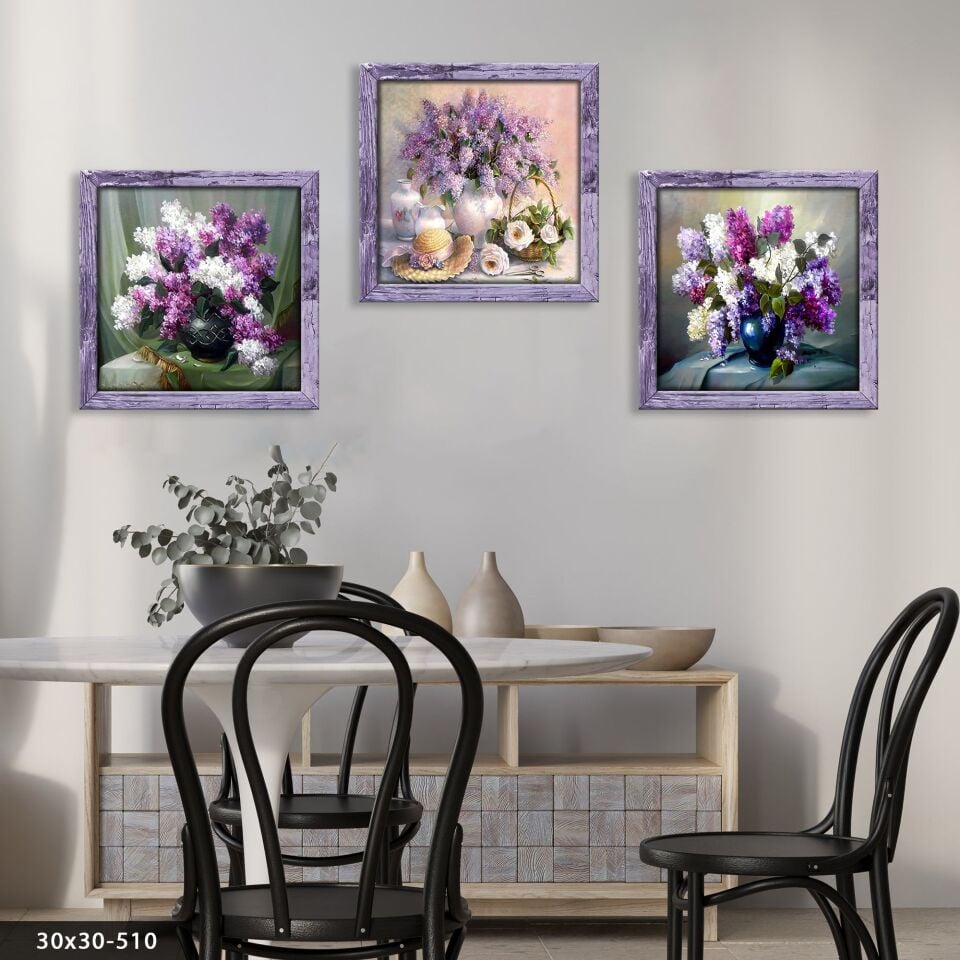 Mor Çiçekler 3 Parça Mdf Tablo 20 x 20 CM