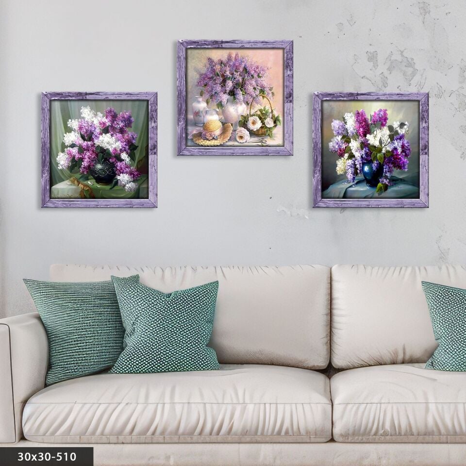 Mor Çiçekler 3 Parça Mdf Tablo 20 x 20 CM