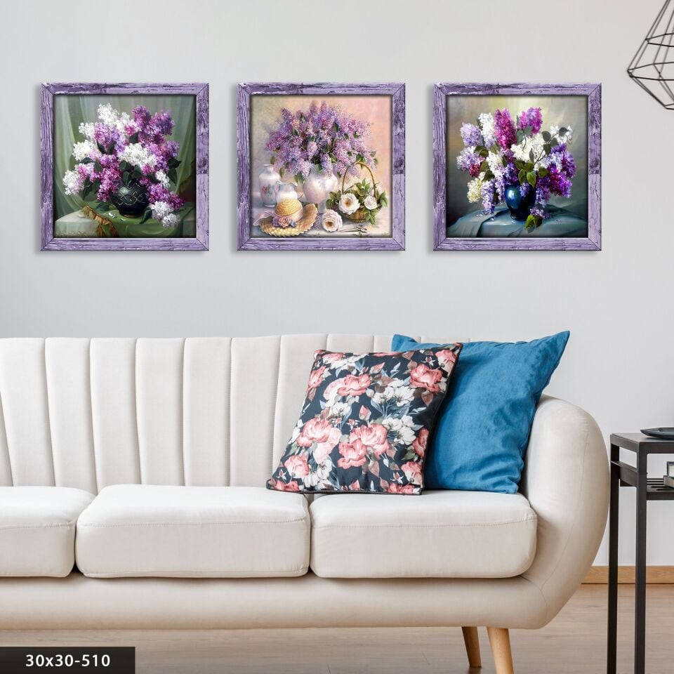 Mor Çiçekler 3 Parça Mdf Tablo 20 x 20 CM