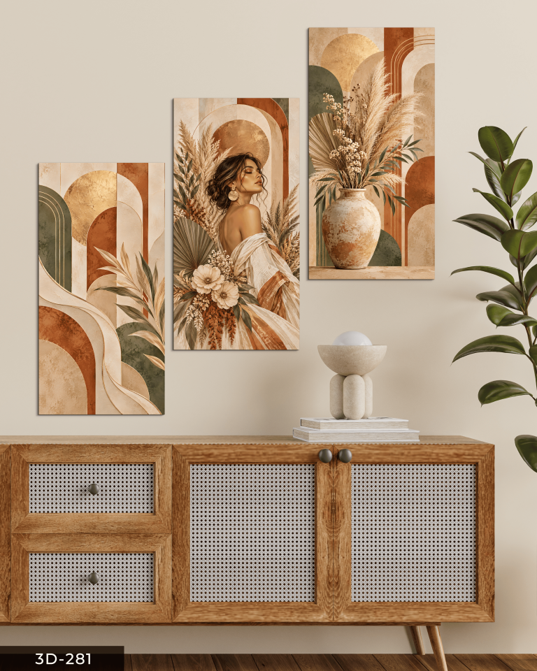 Boho Tarzda Bitki ve Kadın 3 Parçalı Mdf Tablo