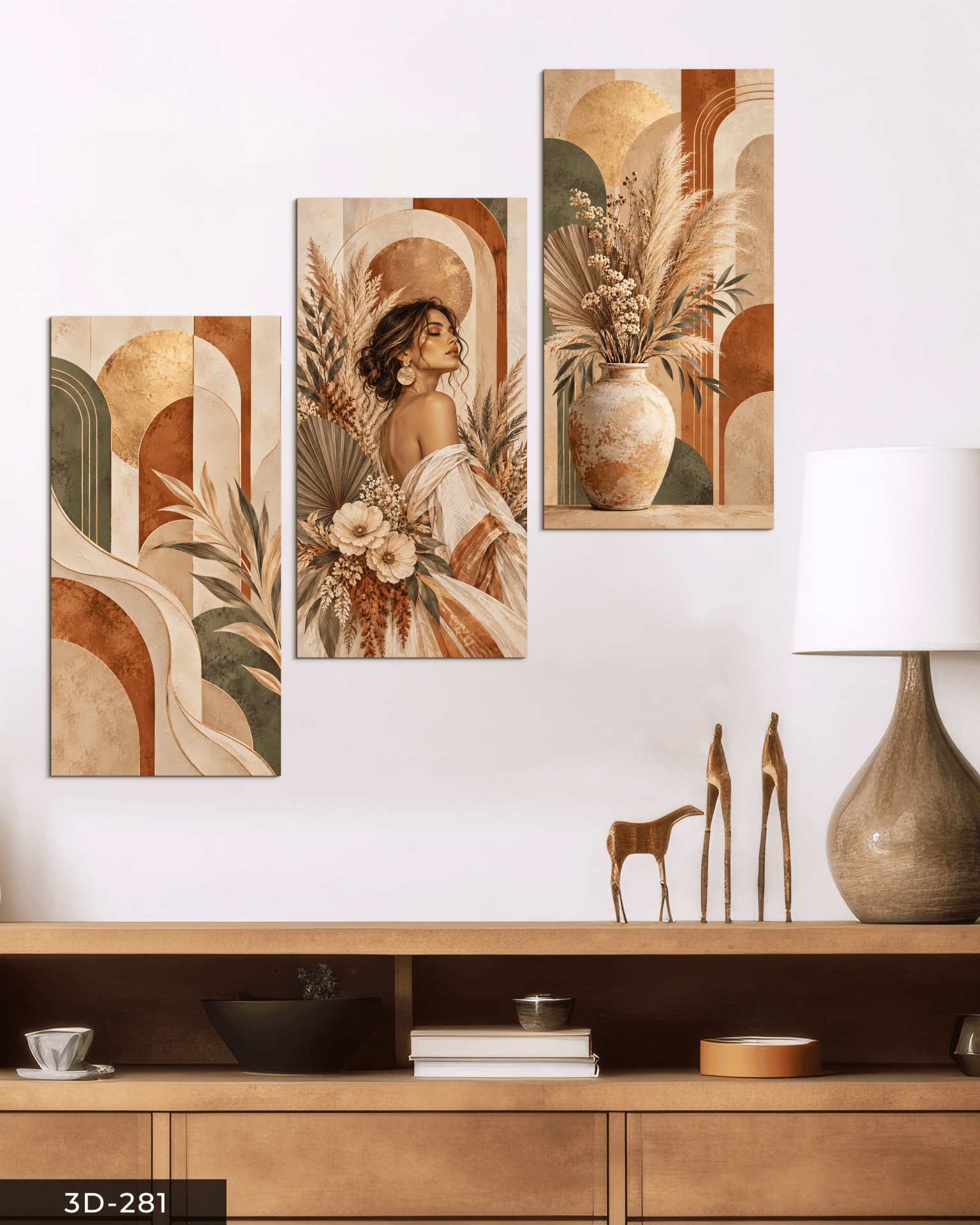 Boho Tarzda Bitki ve Kadın 3 Parçalı Mdf Tablo
