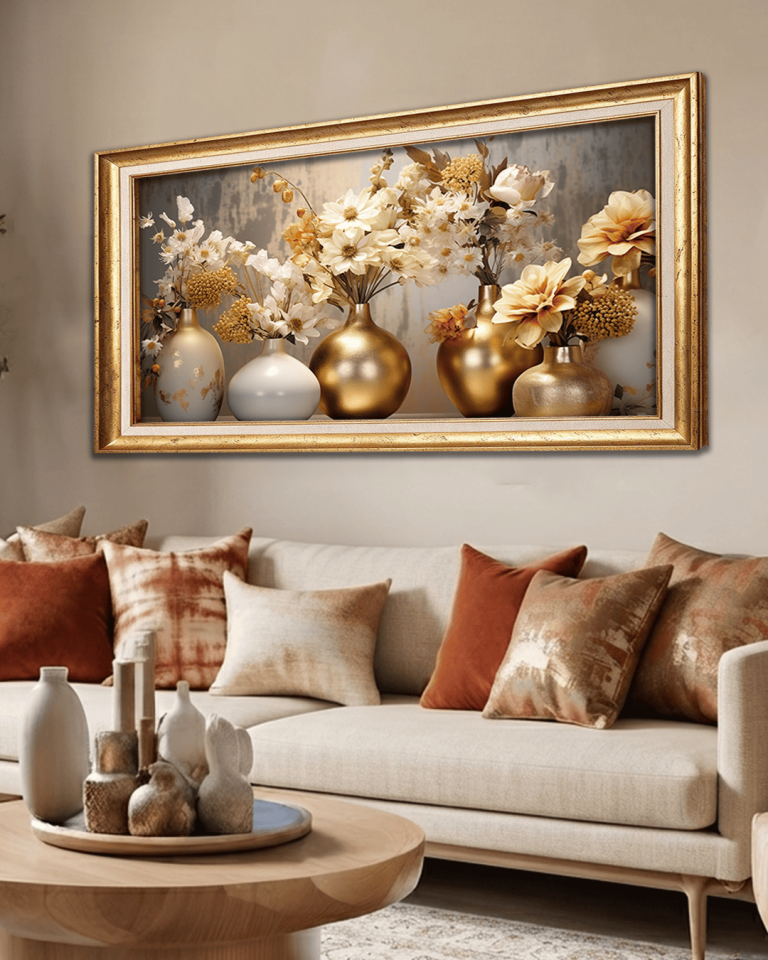 Gold Vazoda Çiçekler Premium Çerçeveli Tek Parça Tablo 65X110 cm PRM