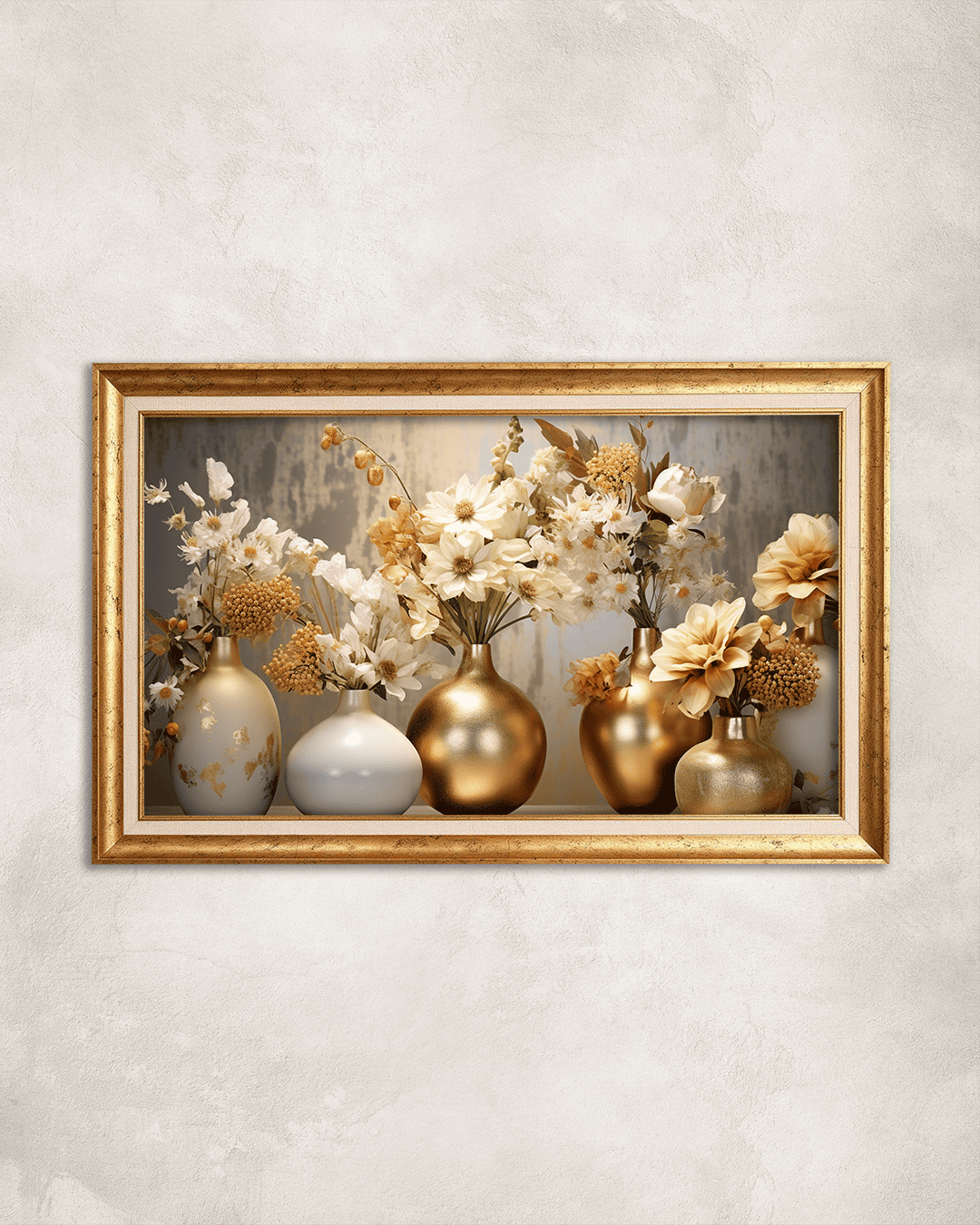 Gold Vazoda Çiçekler Premium Çerçeveli Tek Parça Tablo 65X110 cm PRM