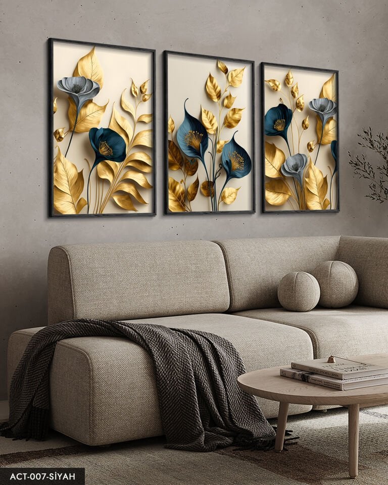 Zarif Altın Yapraklı Çiçekler 3 Parça Ahşap Çerçeveli Tablo ACT Siyah - 50 x 70 CM