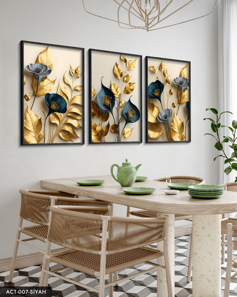 Zarif Altın Yapraklı Çiçekler 3 Parça Ahşap Çerçeveli Tablo ACT Siyah - 50 x 70 CM