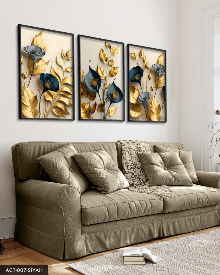 Zarif Altın Yapraklı Çiçekler 3 Parça Ahşap Çerçeveli Tablo ACT Siyah - 50 x 70 CM