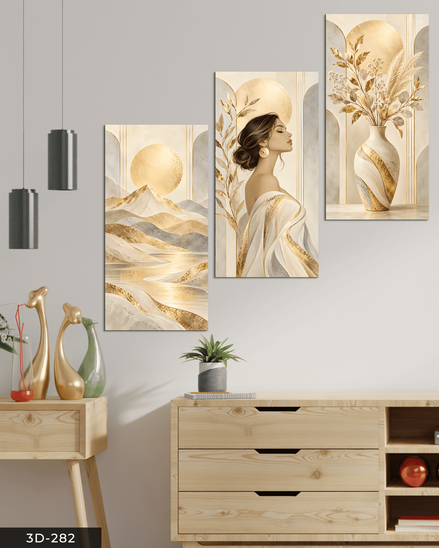 Gold Işıltılı Kadın Manzara ve Çiçek 3 Parçalı Mdf Tablo