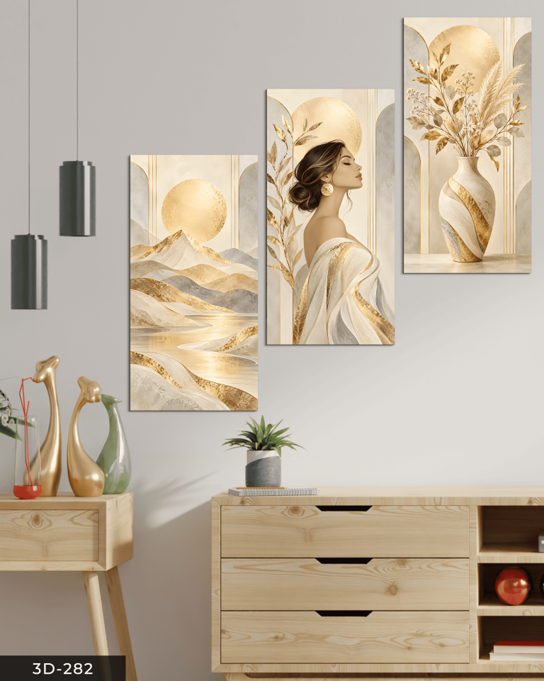 Gold Işıltılı Kadın Manzara ve Çiçek 3 Parçalı Mdf Tablo
