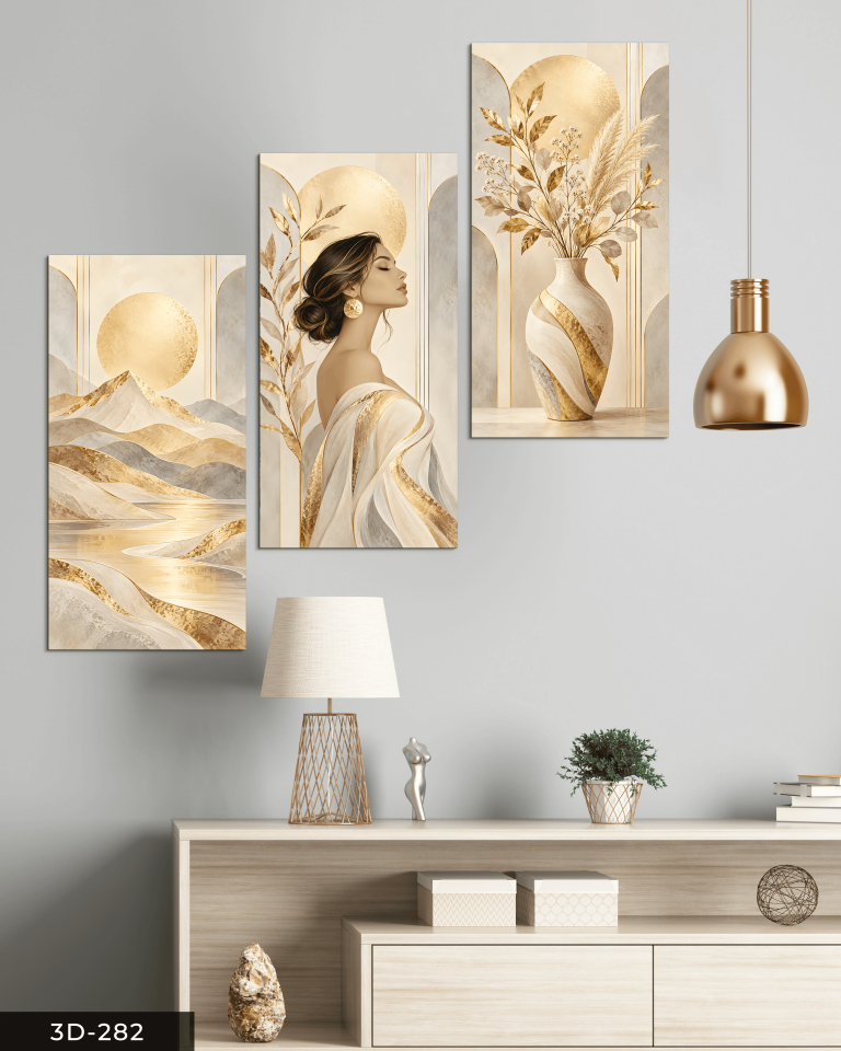 Gold Işıltılı Kadın Manzara ve Çiçek 3 Parçalı Mdf Tablo