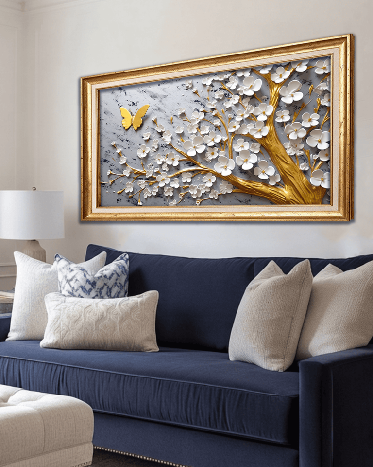 Beyaz Çiçekler Gold Ağaç Kelebek Detay Premium Çerçeveli Tek Parça Tablo 65X110 cm PRM