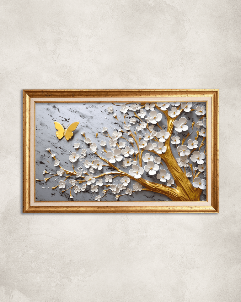 Beyaz Çiçekler Gold Ağaç Kelebek Detay Premium Çerçeveli Tek Parça Tablo 65X110 cm PRM