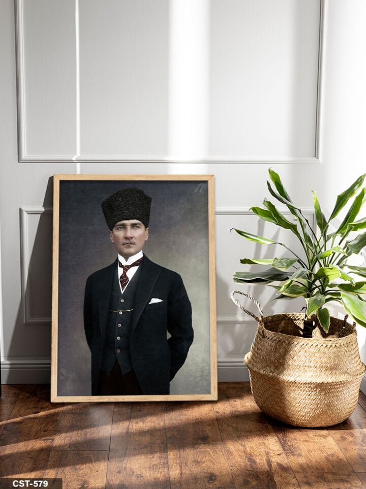 Mustafa Kemal Atatürk Tek Parça Ahşap Çerçeveli Tablo Naturel - 20 x 30 CM