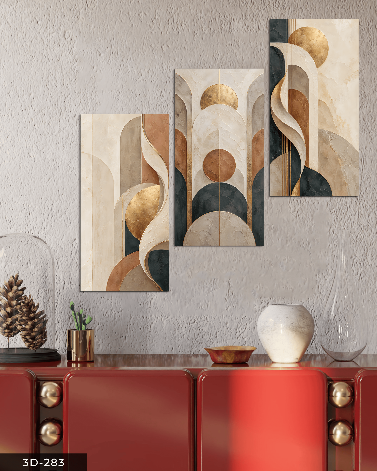 Yuvarlak Desenler Soyut Sanat 3 Parçalı Mdf Tablo