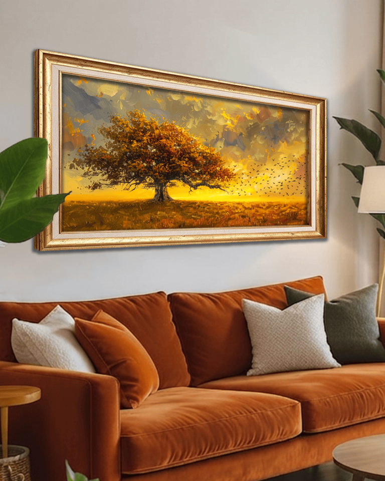 Ağaç ve Kuşlar Premium Çerçeveli Tek Parça Tablo 65X110 cm PRM