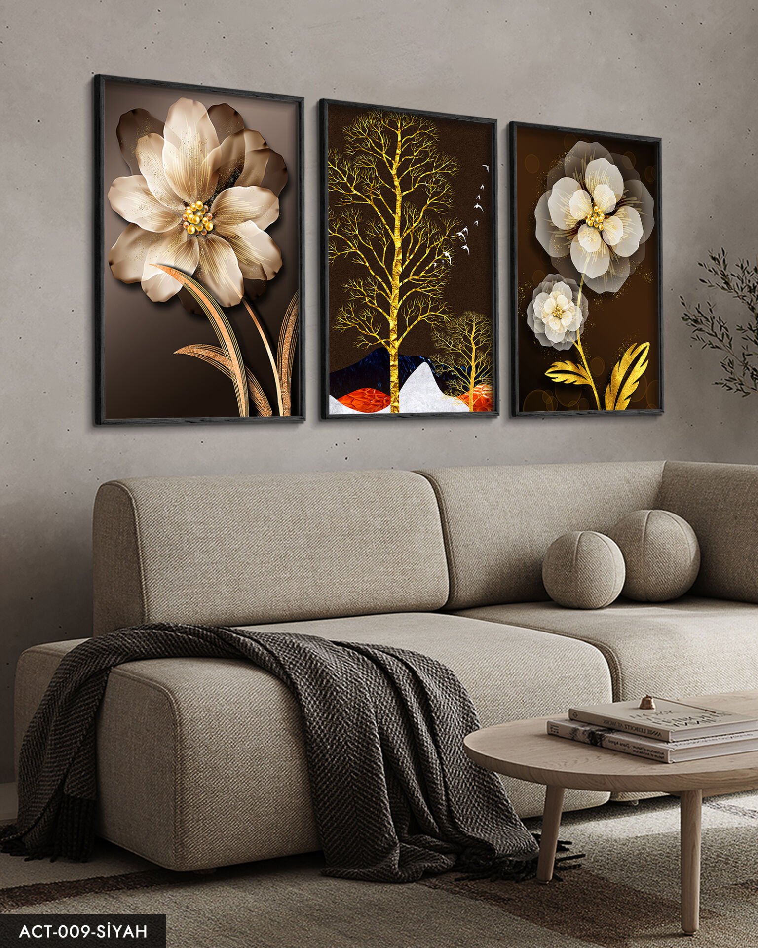 Çiçek Ağaç 3 Parça Ahşap Çerçeveli Tablo ACT Siyah - 50 x 70 CM
