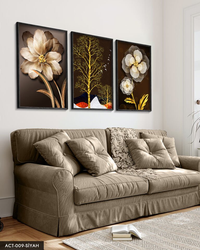 Çiçek Ağaç 3 Parça Ahşap Çerçeveli Tablo ACT Siyah - 50 x 70 CM