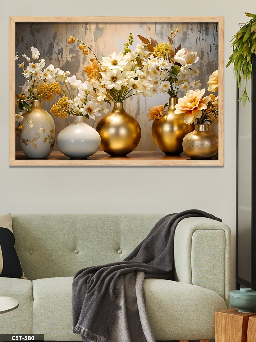 Gold Vazoda Çiçekler Tek Parça Ahşap Çerçeveli Tablo Naturel - 20 x 30 CM