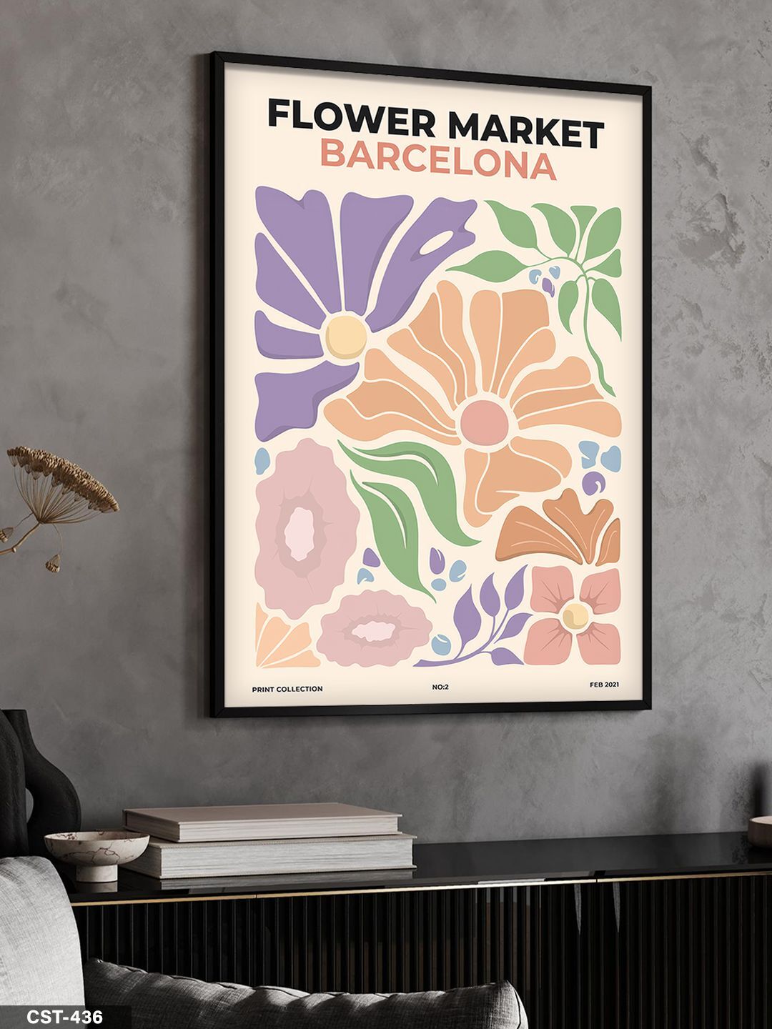 Flower Market Barcelona Tek Parça Ahşap Çerçeveli Tablo Siyah - 50 x 70 CM