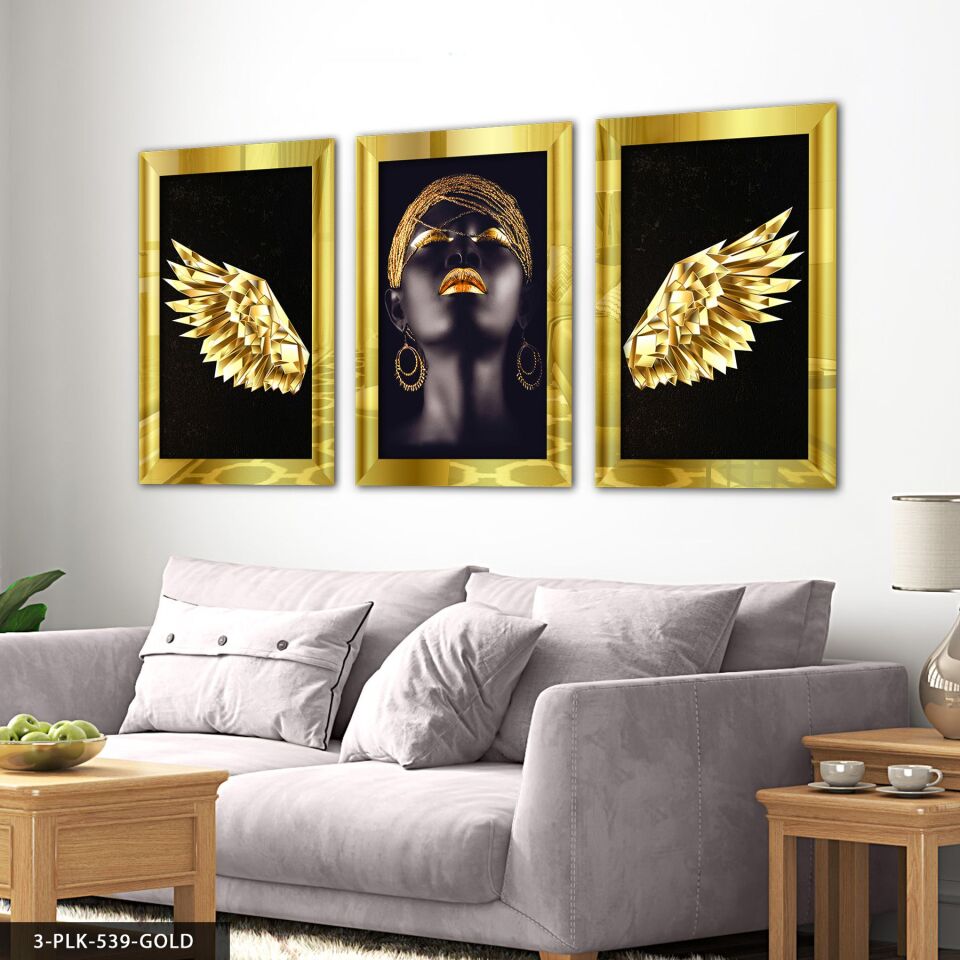 Melek Kanadı Afrikalı Kadın 3 Parça Pleksi Aynalı Tablo 20 x 30 CM - Gold