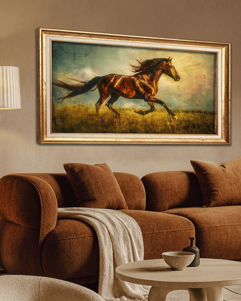 Eskitme Detaylı At Premium Çerçeveli Tek Parça Tablo 65X110 cm PRM