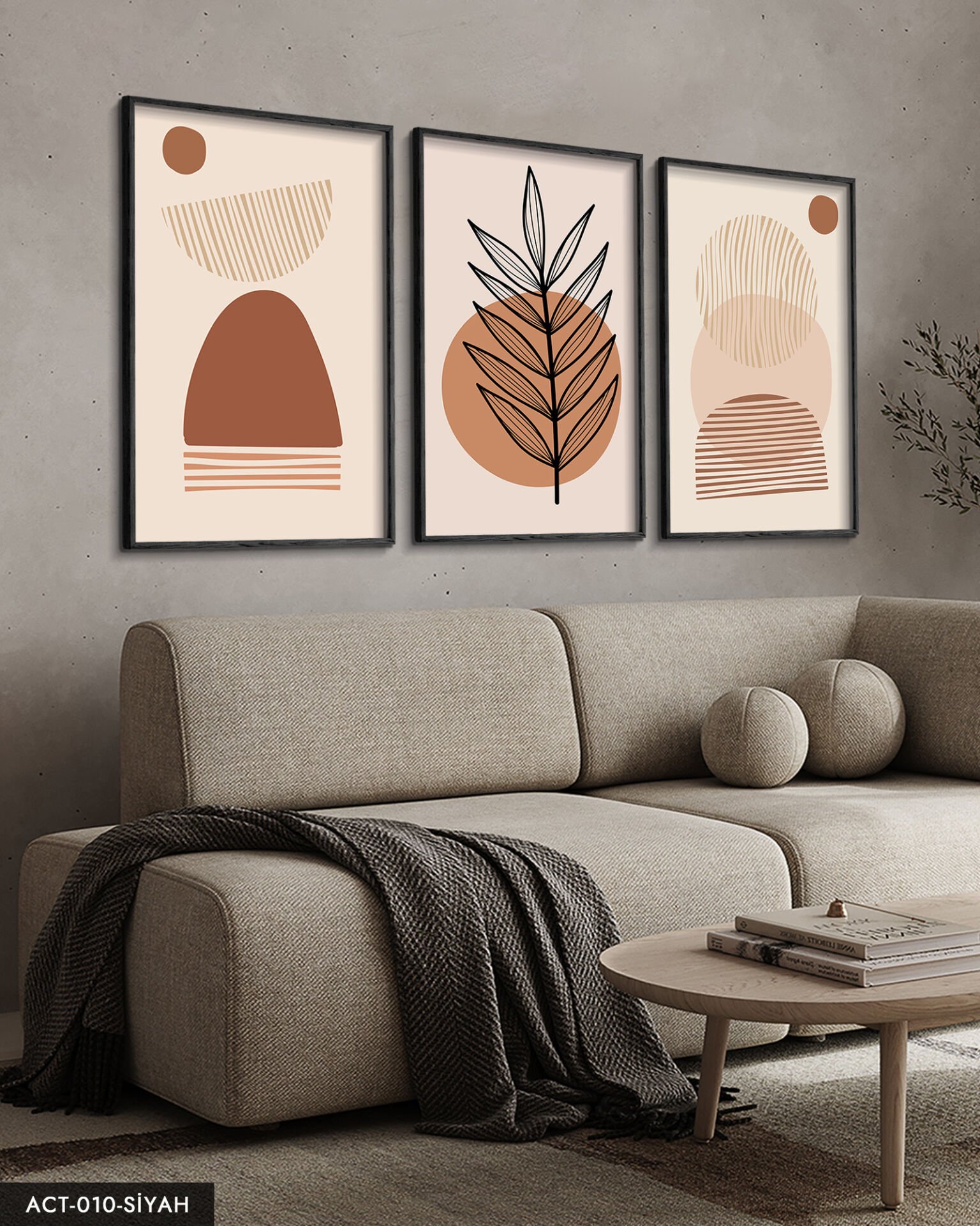 Soyut Tasarım Bohem Tarzı 3 Parça Ahşap Çerçeveli Tablo ACT Siyah - 50 x 70 CM