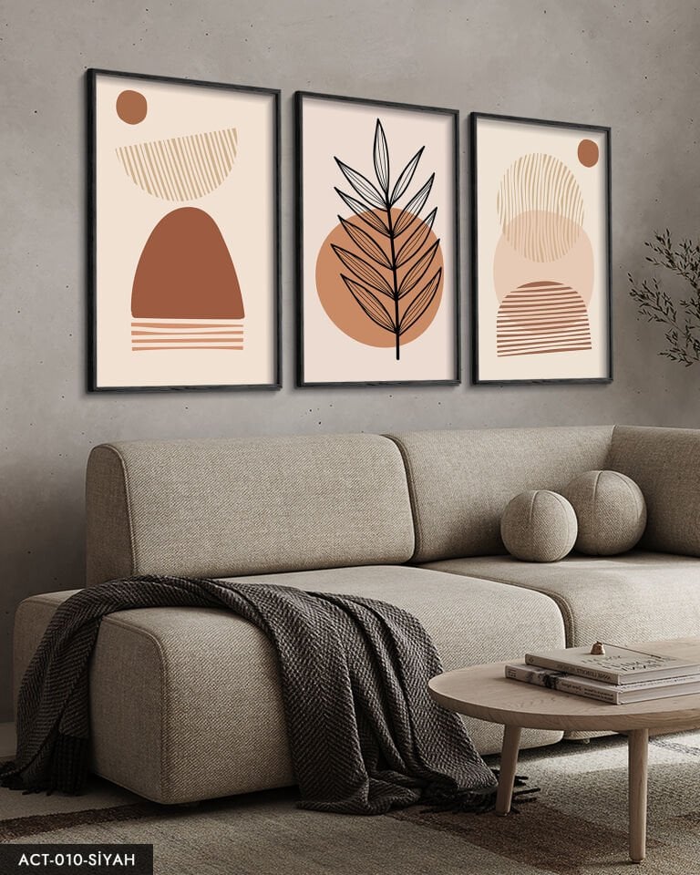 Soyut Tasarım Bohem Tarzı 3 Parça Ahşap Çerçeveli Tablo ACT Siyah - 50 x 70 CM