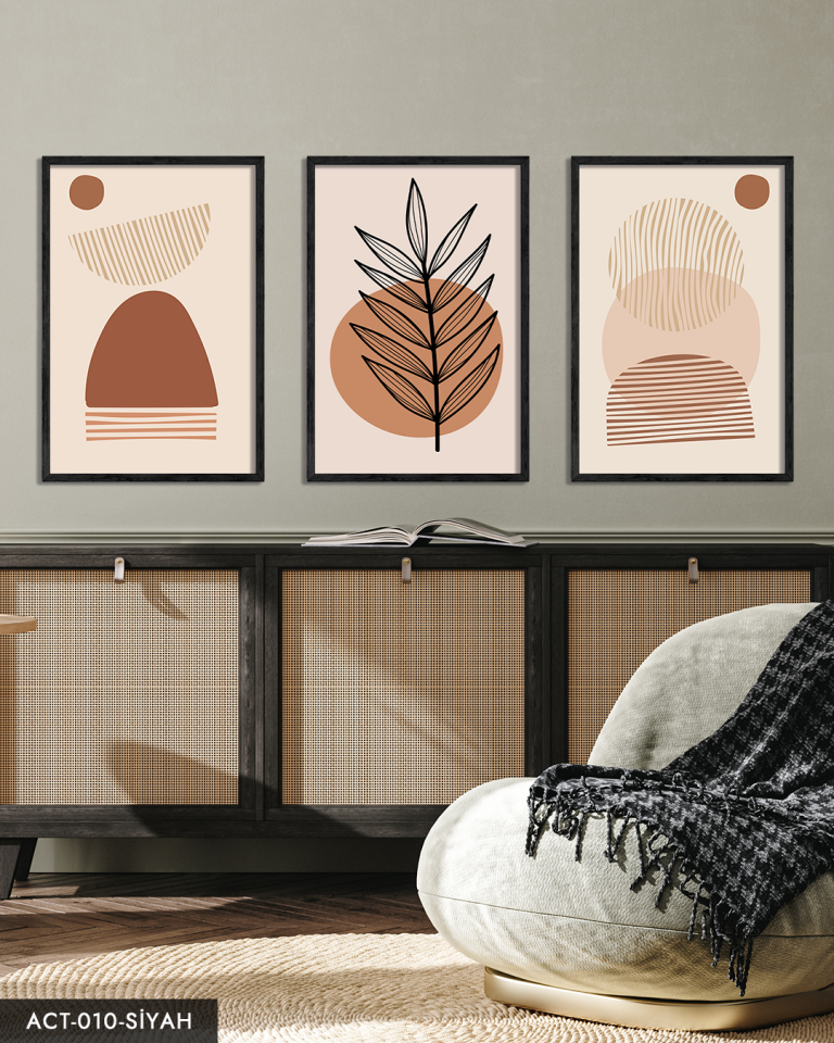 Soyut Tasarım Bohem Tarzı 3 Parça Ahşap Çerçeveli Tablo ACT Siyah - 50 x 70 CM