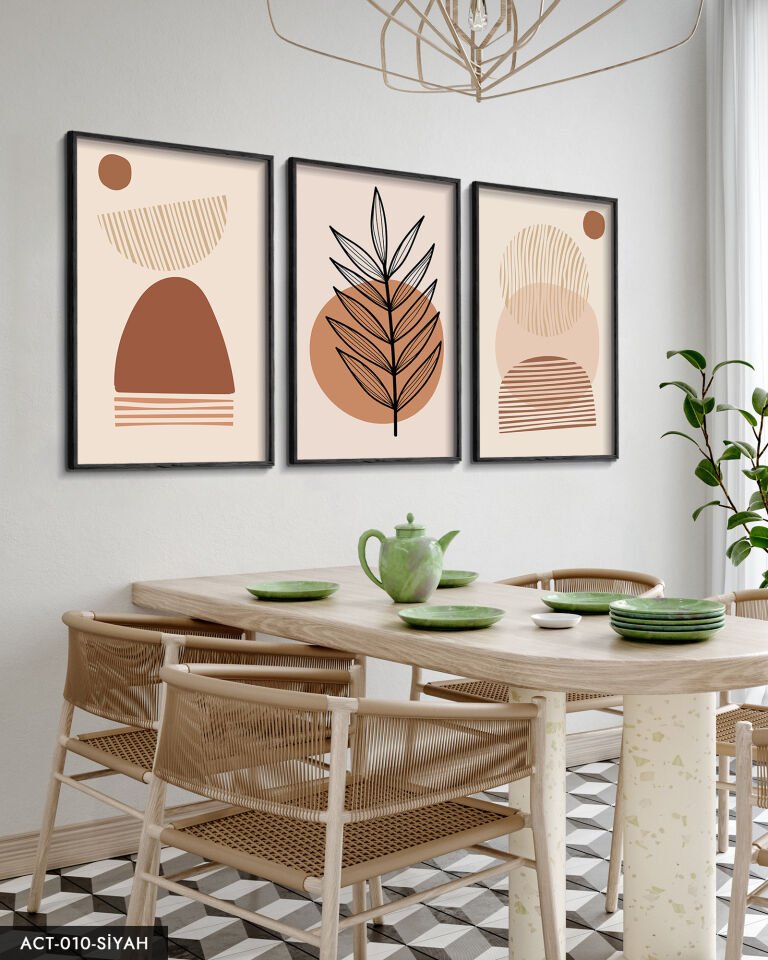 Soyut Tasarım Bohem Tarzı 3 Parça Ahşap Çerçeveli Tablo ACT Siyah - 50 x 70 CM