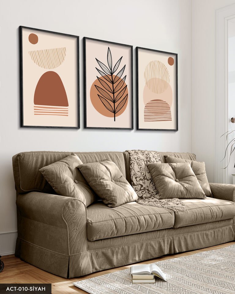 Soyut Tasarım Bohem Tarzı 3 Parça Ahşap Çerçeveli Tablo ACT Siyah - 50 x 70 CM