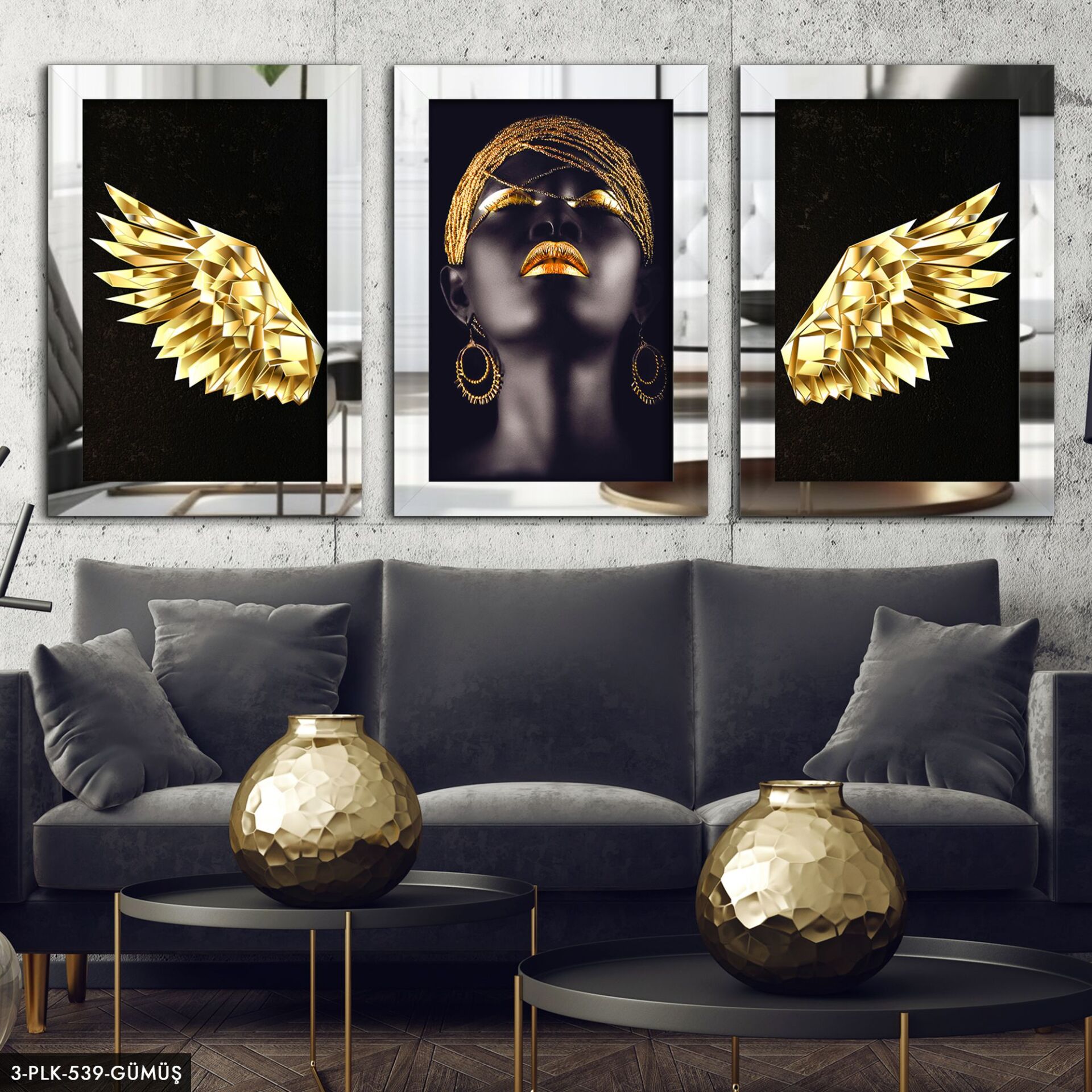 Melek Kanadı Afrikalı Kadın 3 Parça Pleksi Aynalı Tablo 20 x 30 CM - Gümüş