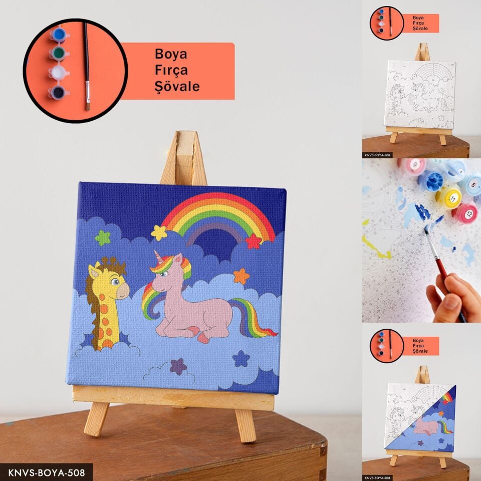 Unicorn ve Zürafa 20x20 CM Çocuklara Özel Sayılarla Boyama Seti