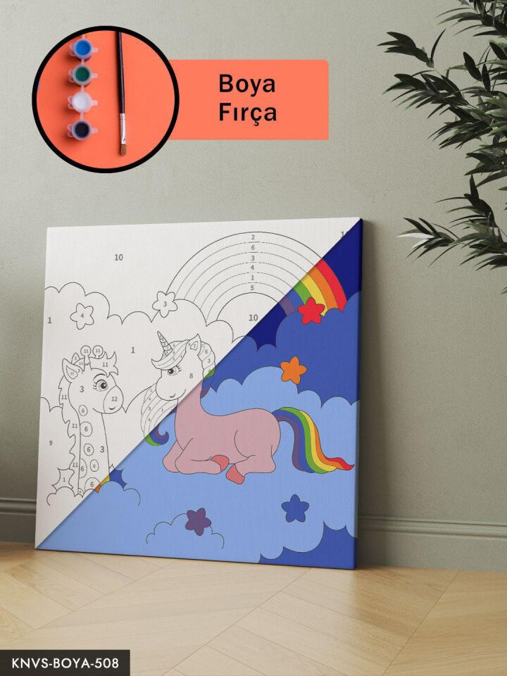 Unicorn ve Zürafa 20x20 CM Çocuklara Özel Sayılarla Boyama Seti Şövalesiz