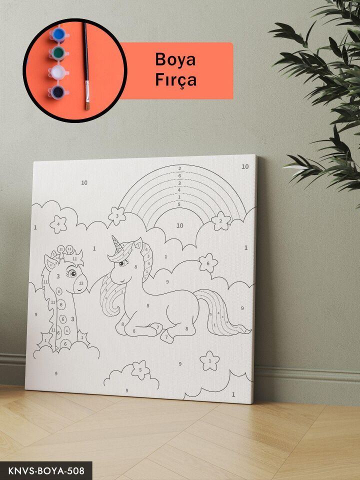 Unicorn ve Zürafa 20x20 CM Çocuklara Özel Sayılarla Boyama Seti Şövalesiz