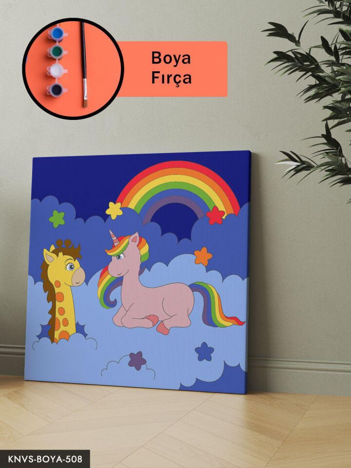 Unicorn ve Zürafa 20x20 CM Çocuklara Özel Sayılarla Boyama Seti Şövalesiz