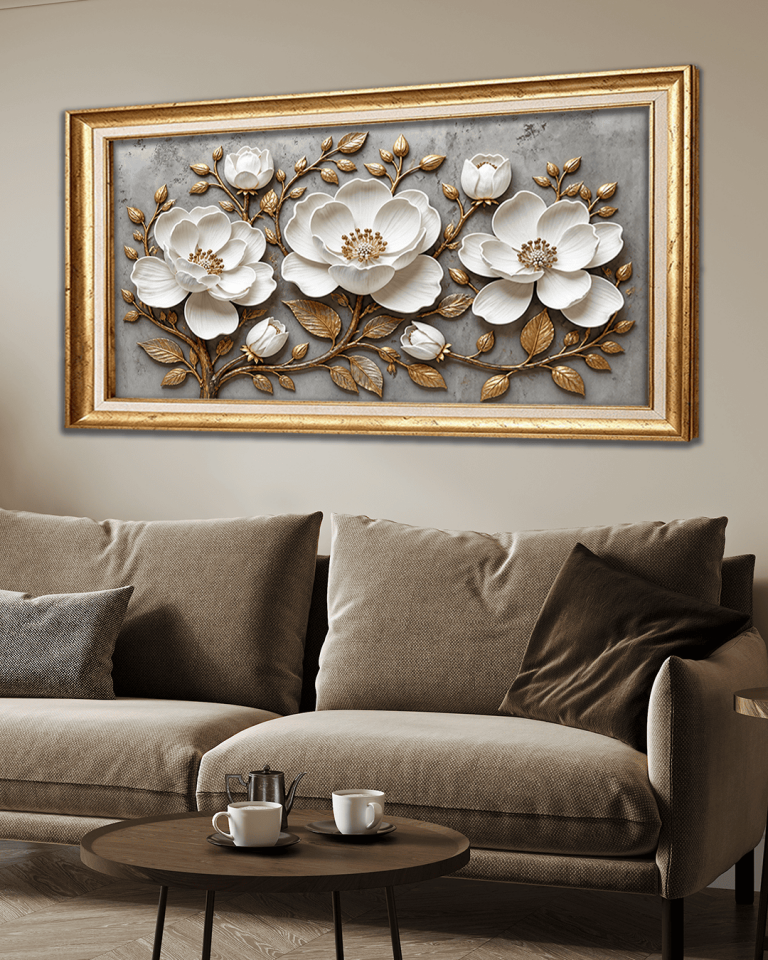 Gold Yapraklıl Beyaz Çiçek Premium Çerçeveli Tek Parça Tablo 65X110 cm PRM