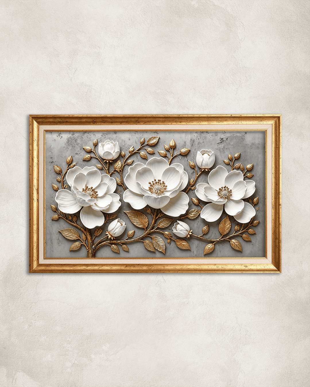 Gold Yapraklıl Beyaz Çiçek Premium Çerçeveli Tek Parça Tablo 65X110 cm PRM