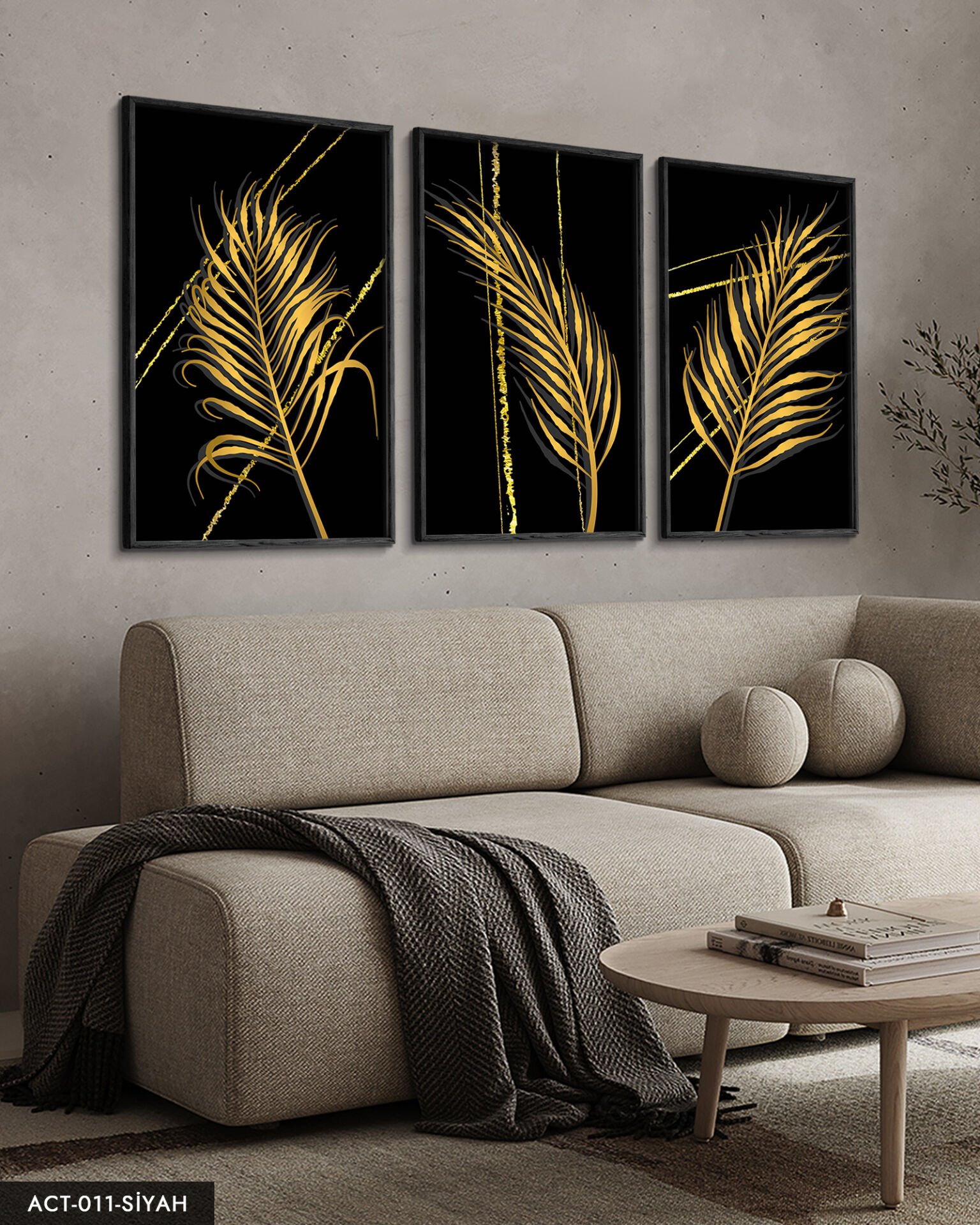 Gold Tüy Desen 3 Parça Ahşap Çerçeveli Tablo ACT Siyah - 50 x 70 CM