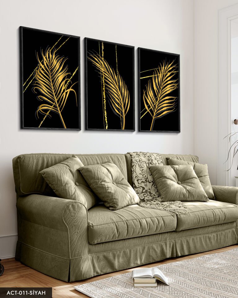 Gold Tüy Desen 3 Parça Ahşap Çerçeveli Tablo ACT Siyah - 50 x 70 CM