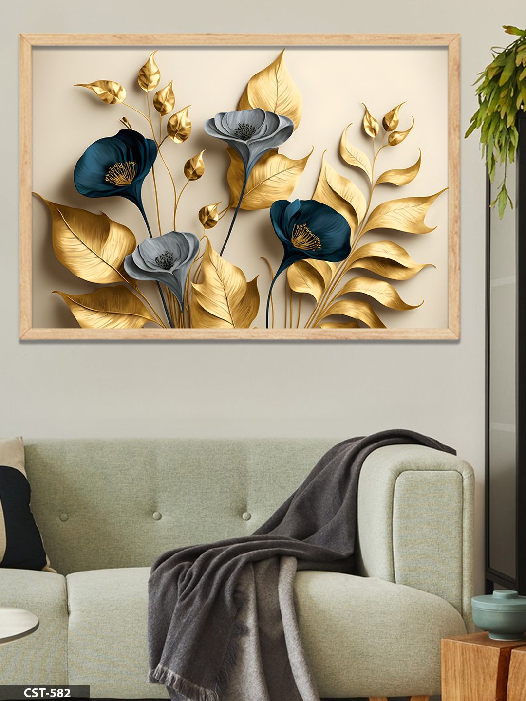 Zarif Altın Ve Mavi Çiçekler Tek Parça Ahşap Çerçeveli Tablo Naturel - 20 x 30 CM