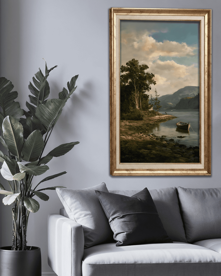 Gölde Yalnız Kayık Premium Çerçeveli Tek Parça Tablo 65X110 cm PRM
