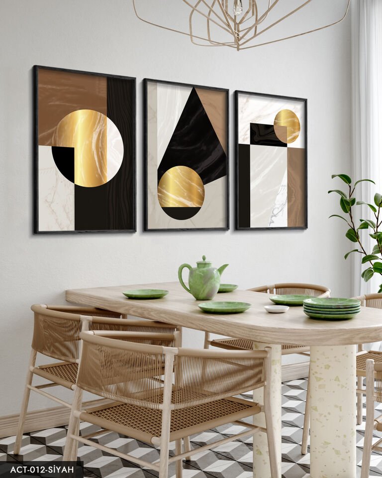 Gold Soyut Desenlerin 3 Parça Ahşap Çerçeveli Tablo ACT Siyah - 50 x 70 CM
