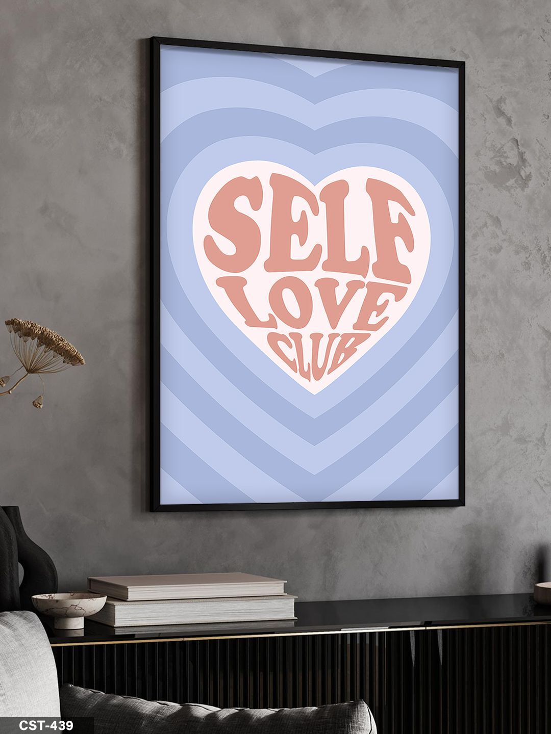 Self Love Clab Kalp Tek Parça Ahşap Çerçeveli Tablo Siyah - 50 x 70 CM