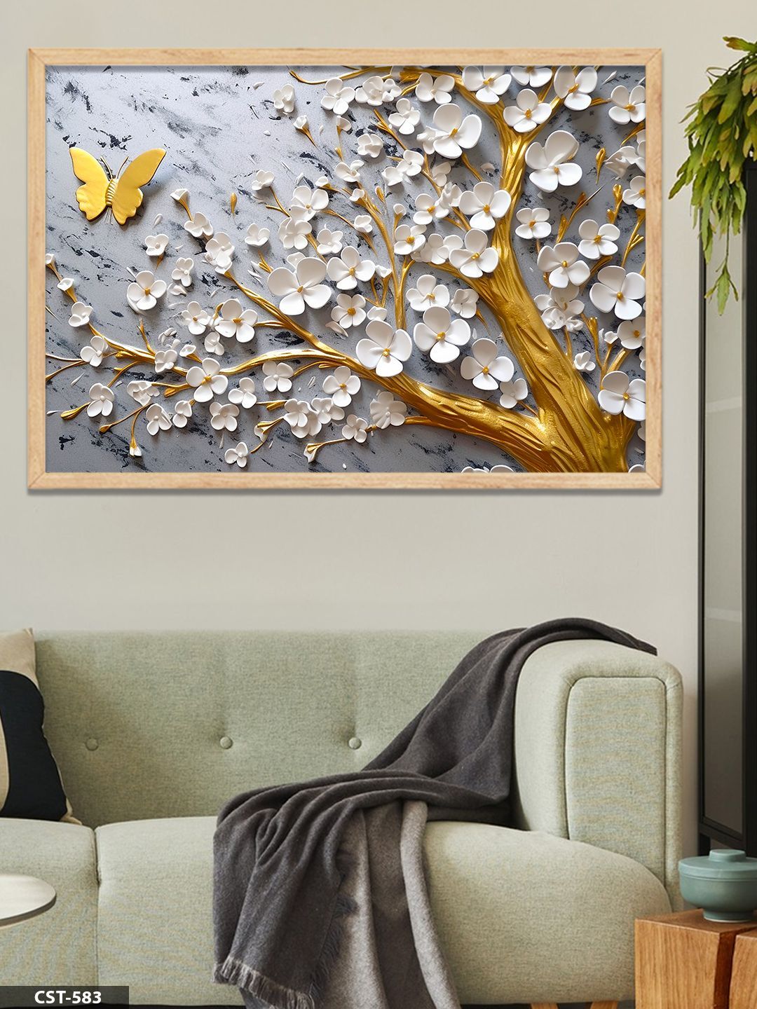 Gold Dallarda Beyaz Çiçek Tek Parça Ahşap Çerçeveli Tablo Naturel - 20 x 30 CM