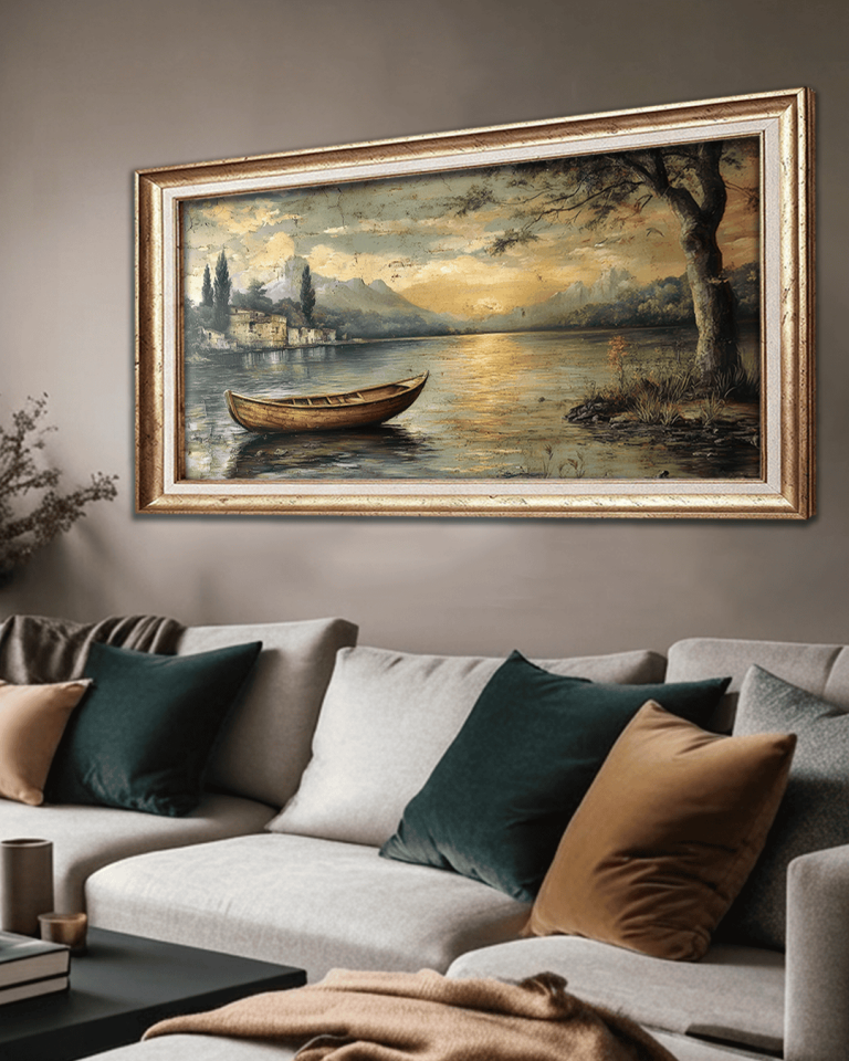 Eskitme Detaylı Kayık Premium Çerçeveli Tek Parça Tablo 65X110 cm PRM