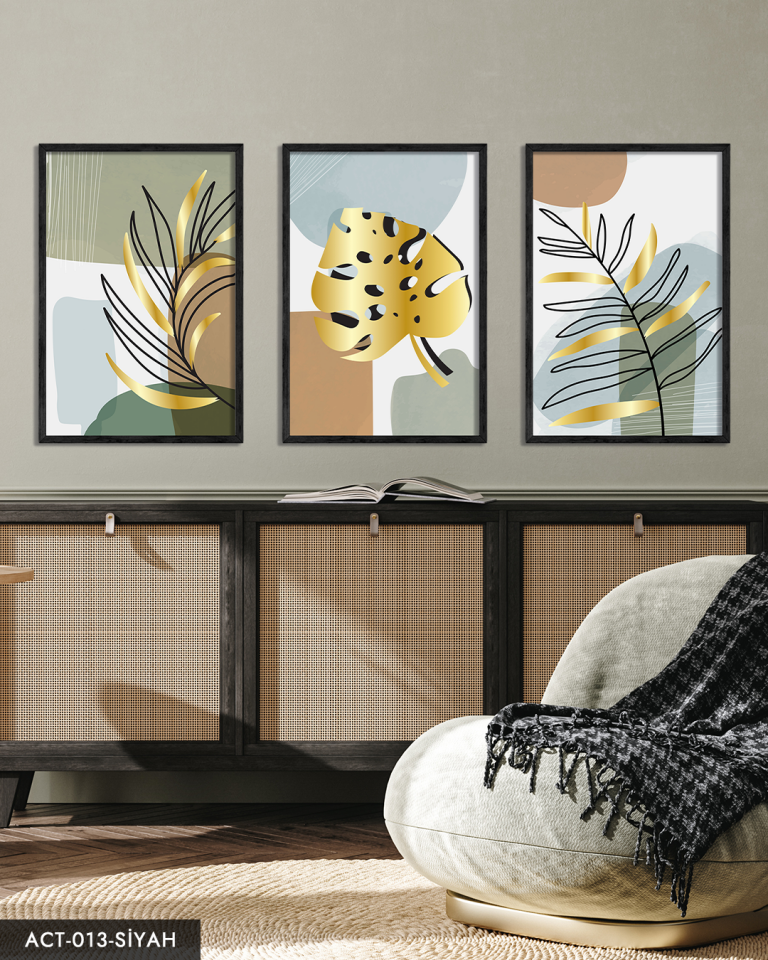 Gold, Beyaz, Tüy, Yaprak, 3 Parça Ahşap Çerçeveli Tablo ACT Siyah - 50 x 70 CM