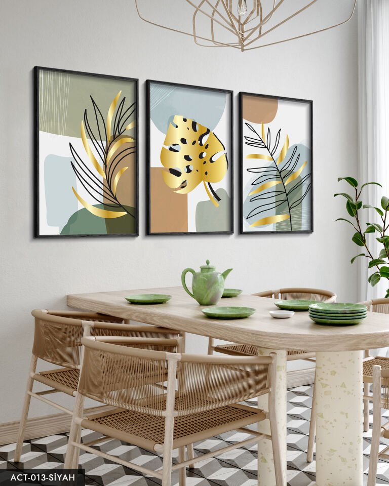 Gold, Beyaz, Tüy, Yaprak, 3 Parça Ahşap Çerçeveli Tablo ACT Siyah - 50 x 70 CM