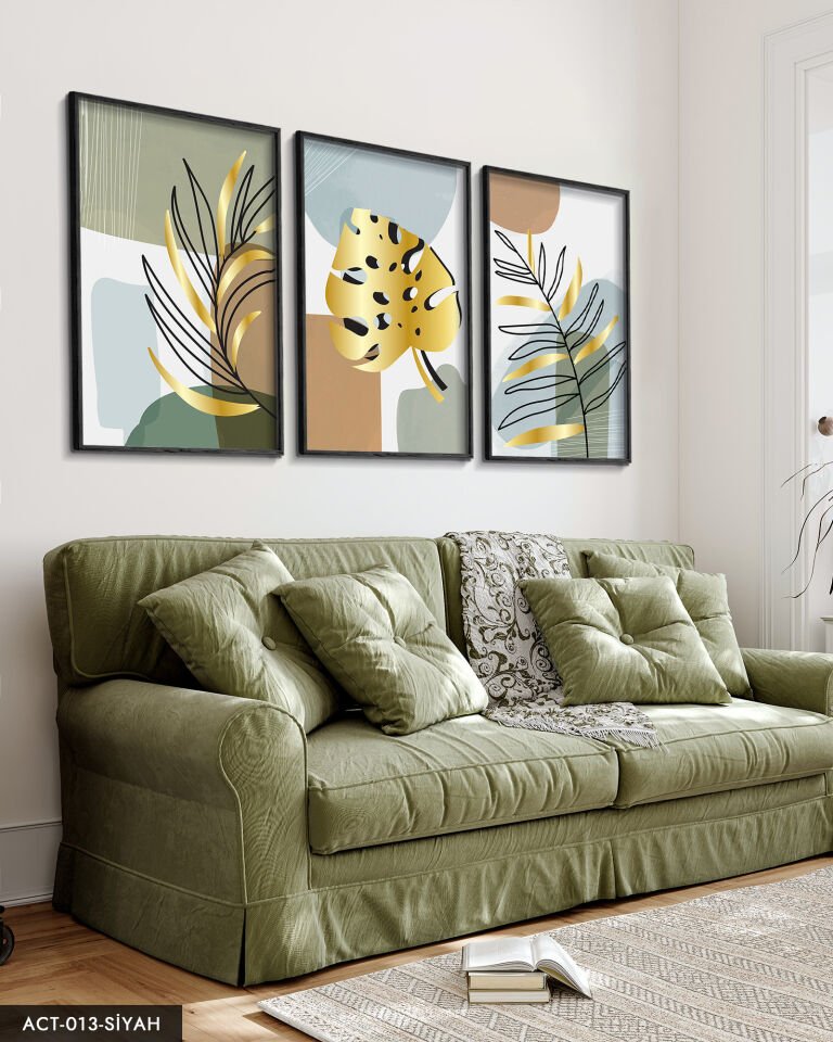 Gold, Beyaz, Tüy, Yaprak, 3 Parça Ahşap Çerçeveli Tablo ACT Siyah - 50 x 70 CM